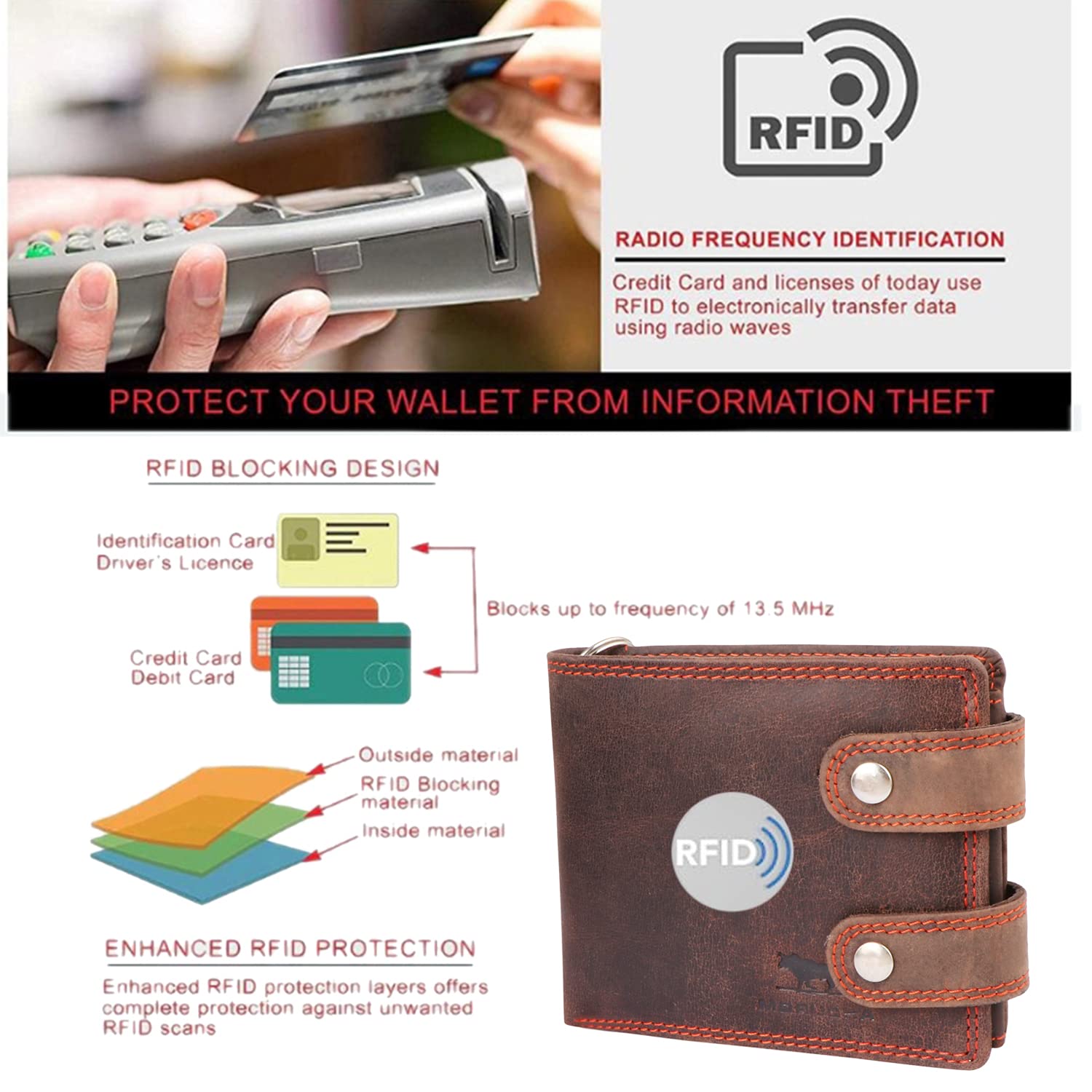 Classic Brown Genuine Leather Biker Wallet With RFID Protection & Metal Chain