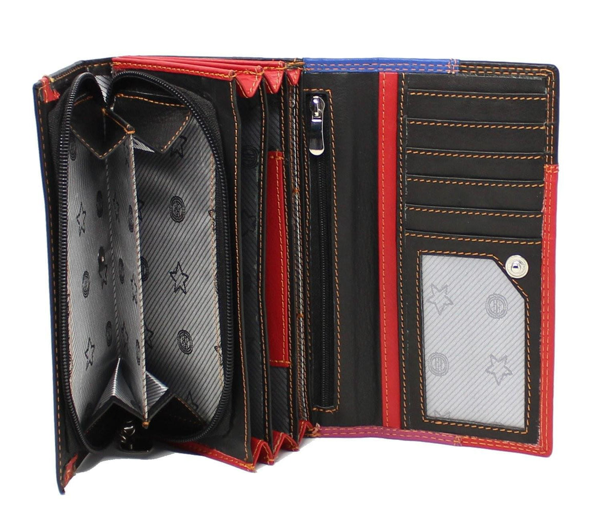 MORUCHA Women's Genuine Leather RFID Blocking Wallet, Large Capacity Zip-Around (Red/Black)